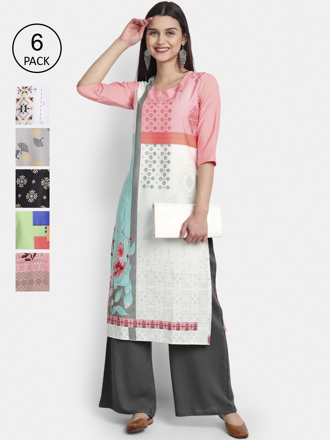

7Threads Women Pack Of 6 Multicoloured Geometric Printed Crepe Kurtas, Multi