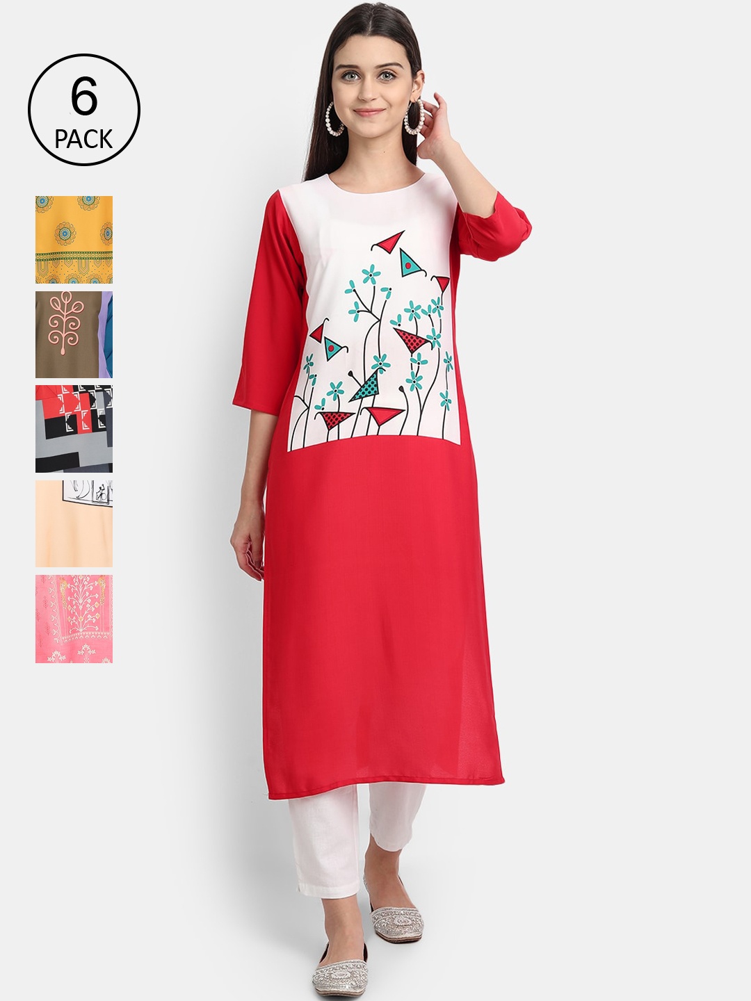 

7Threads Women Pack of 6 Printed Crepe Kurtas, Pink