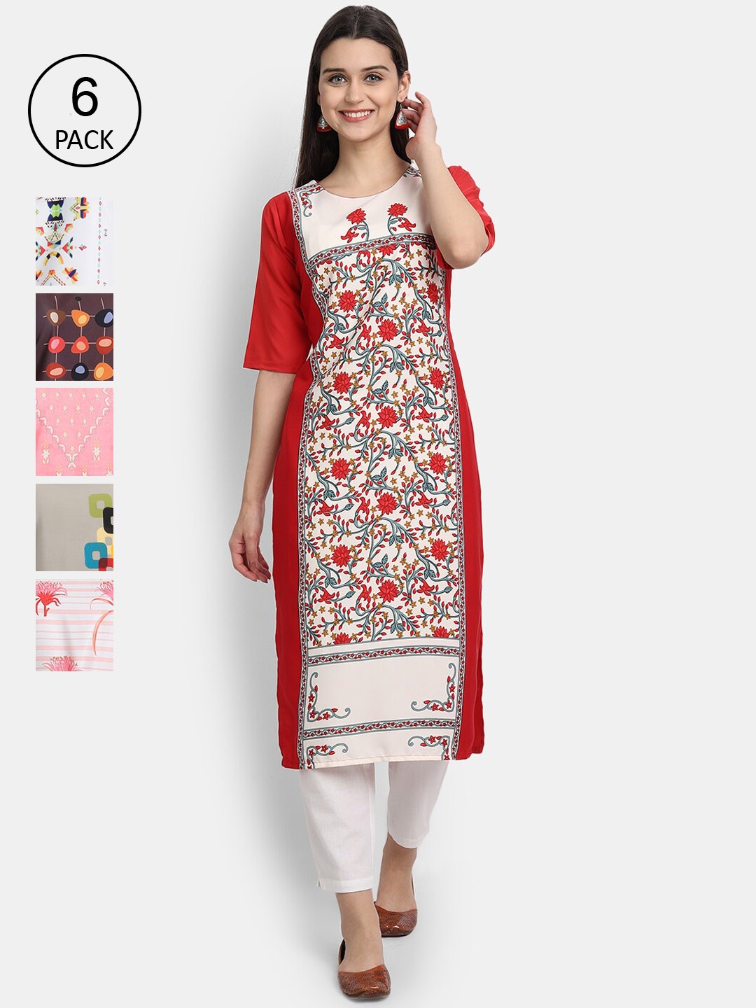 

7Threads Women Pack Of 6 Crepe Kurtas, Red
