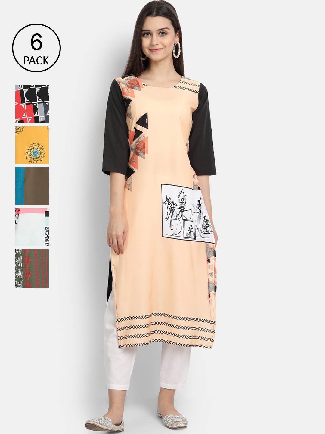 

7Threads Women Multicoloured Geometric Printed Patchwork Crepe Kurta, Multi