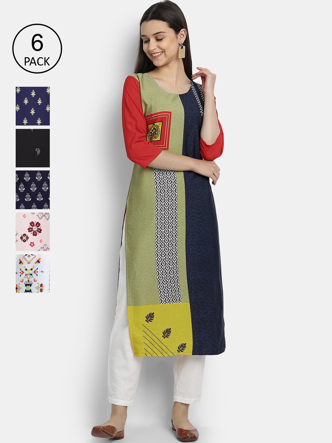 

7Threads Women Pack of 6 Geometric Printed Crepe Kurta, Multi