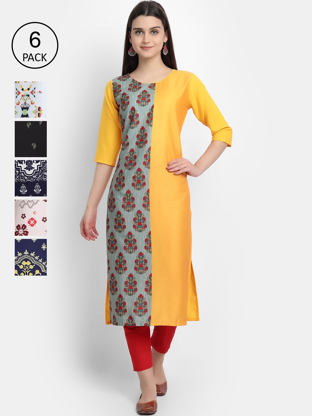 

7Threads Women Pack of 6 Ethnic Motifs Printed Crepe Kurta, Multi