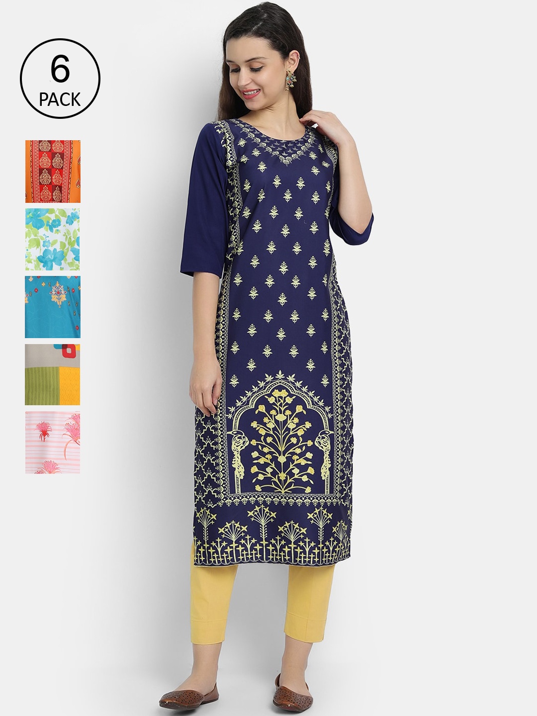 

7Threads Women Pack of 6 Ethnic Motifs Printed Crepe Kurta, Multi