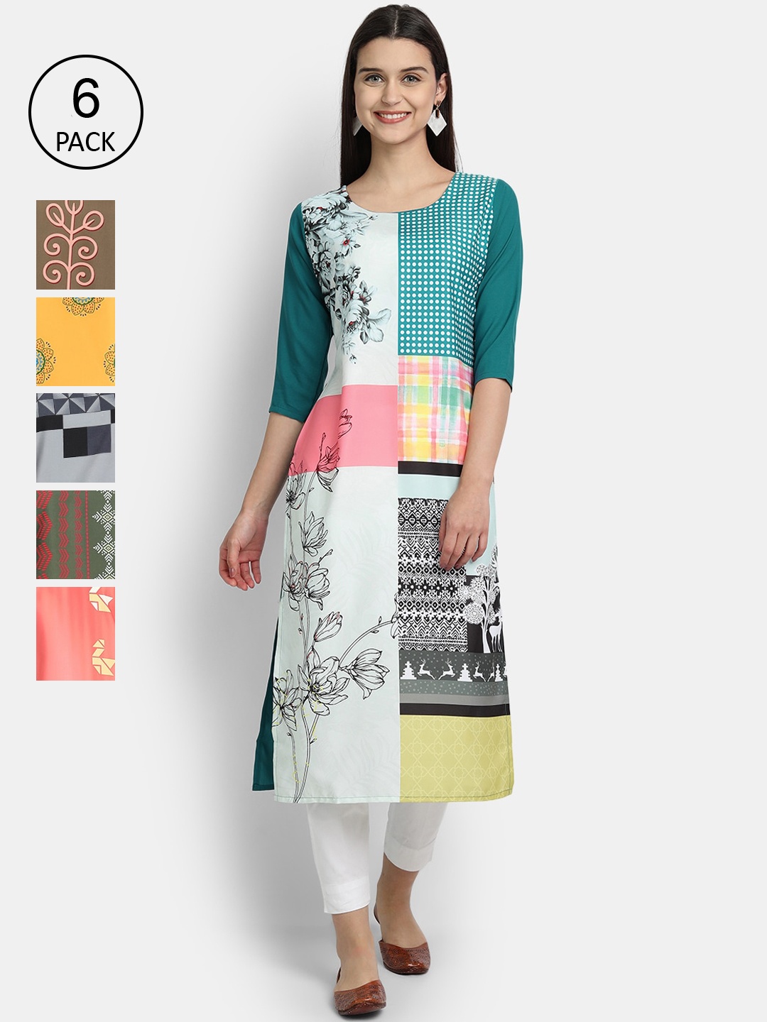 

7Threads Women Pack Of 6 Ethnic Motifs Printed Crepe Kurta, Multi