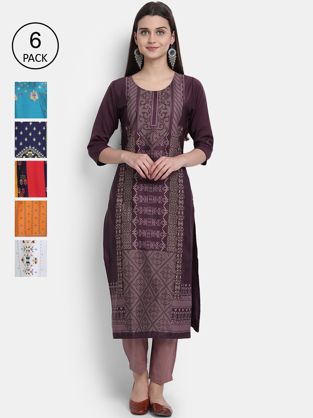 

7Threads Women Pack of 6 Printed Crepe Kurtas, Purple