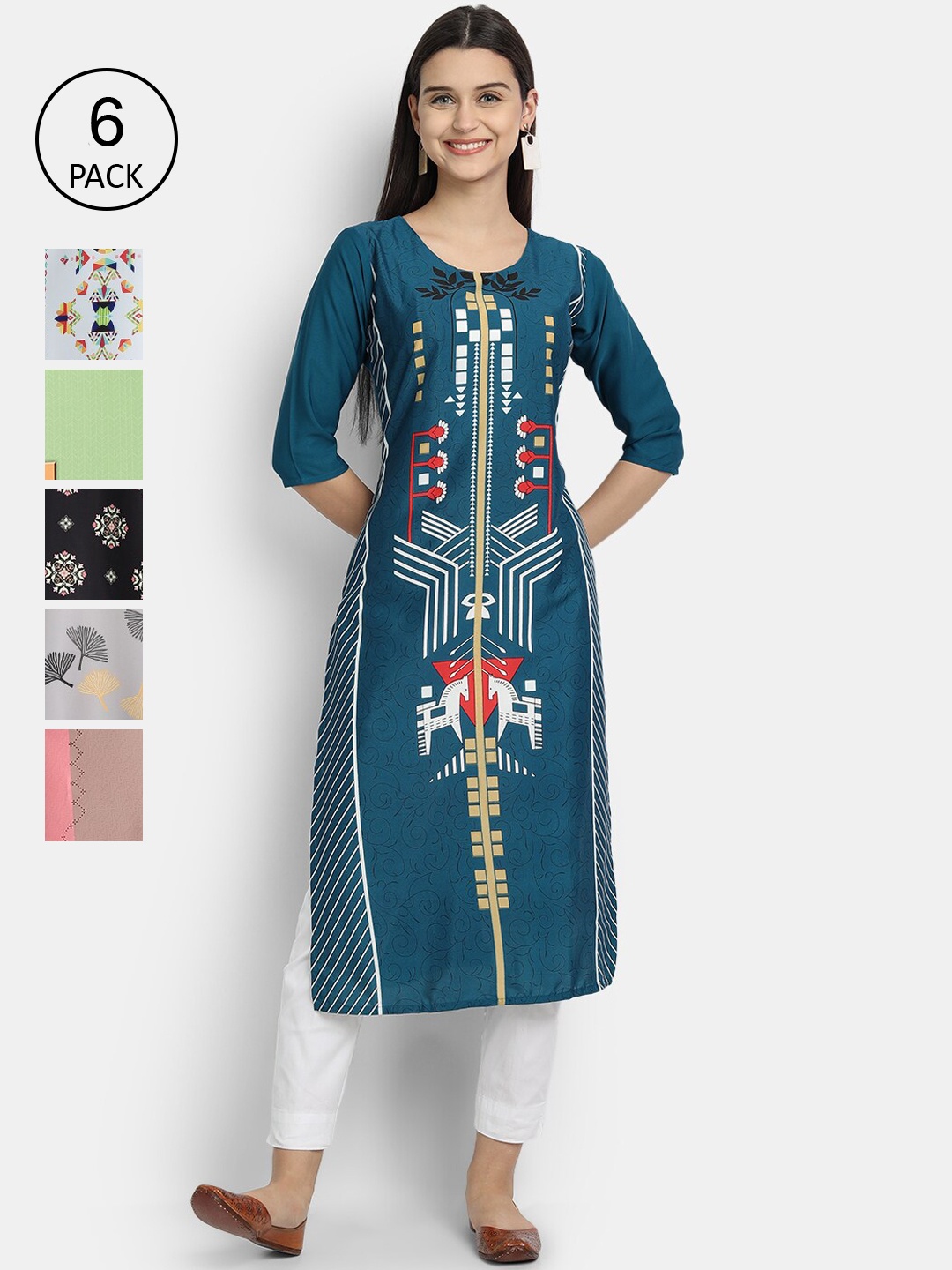 

7Threads Women Pack of 6 Geometric Printed Crepe Kurta, Multi