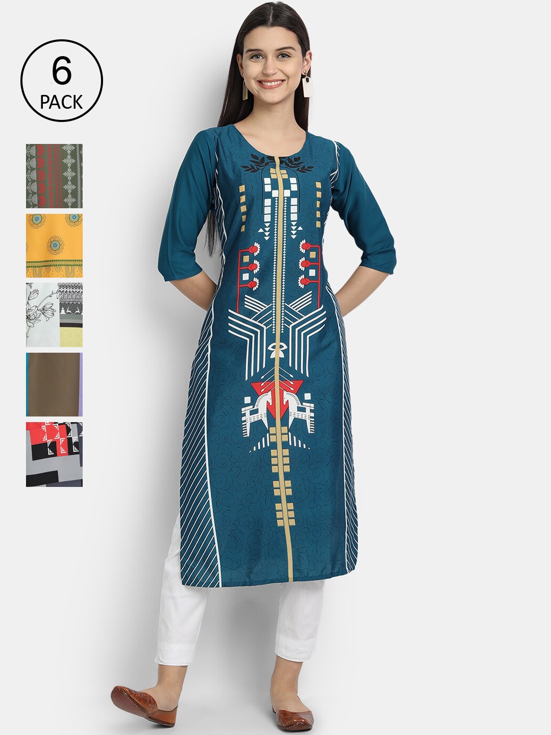 

7Threads Women Pack of 6 Geometric Printed Crepe Kurta, Multi