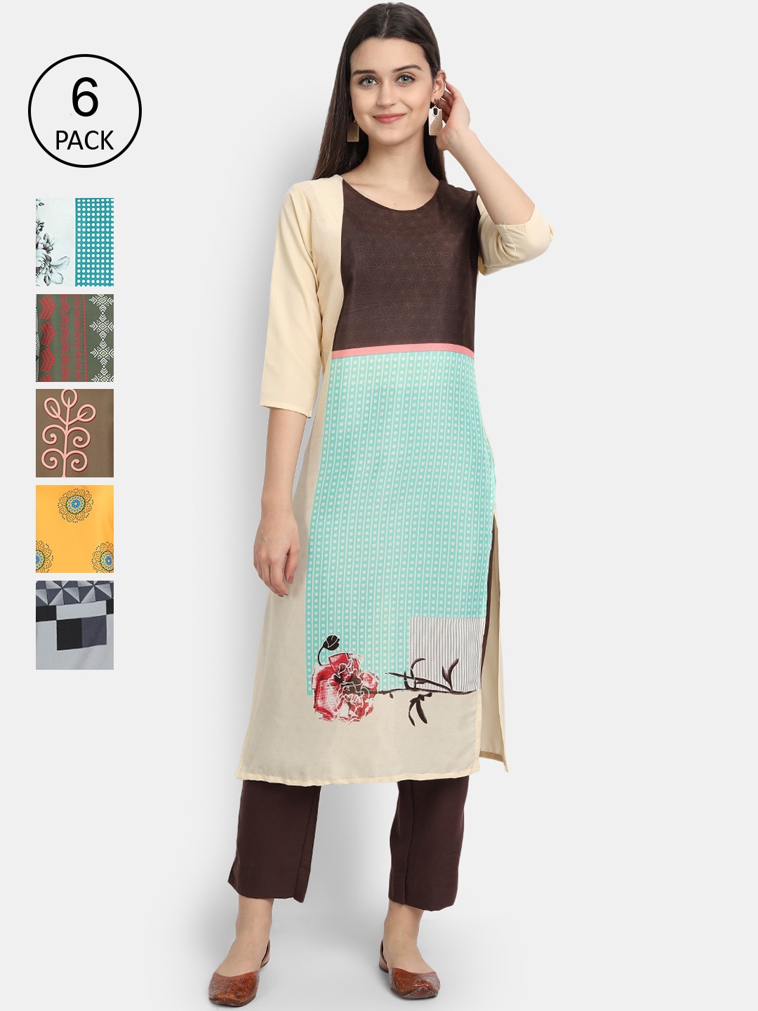 

7Threads Women Pack Of 6 Printed Crepe Kurta, Multi