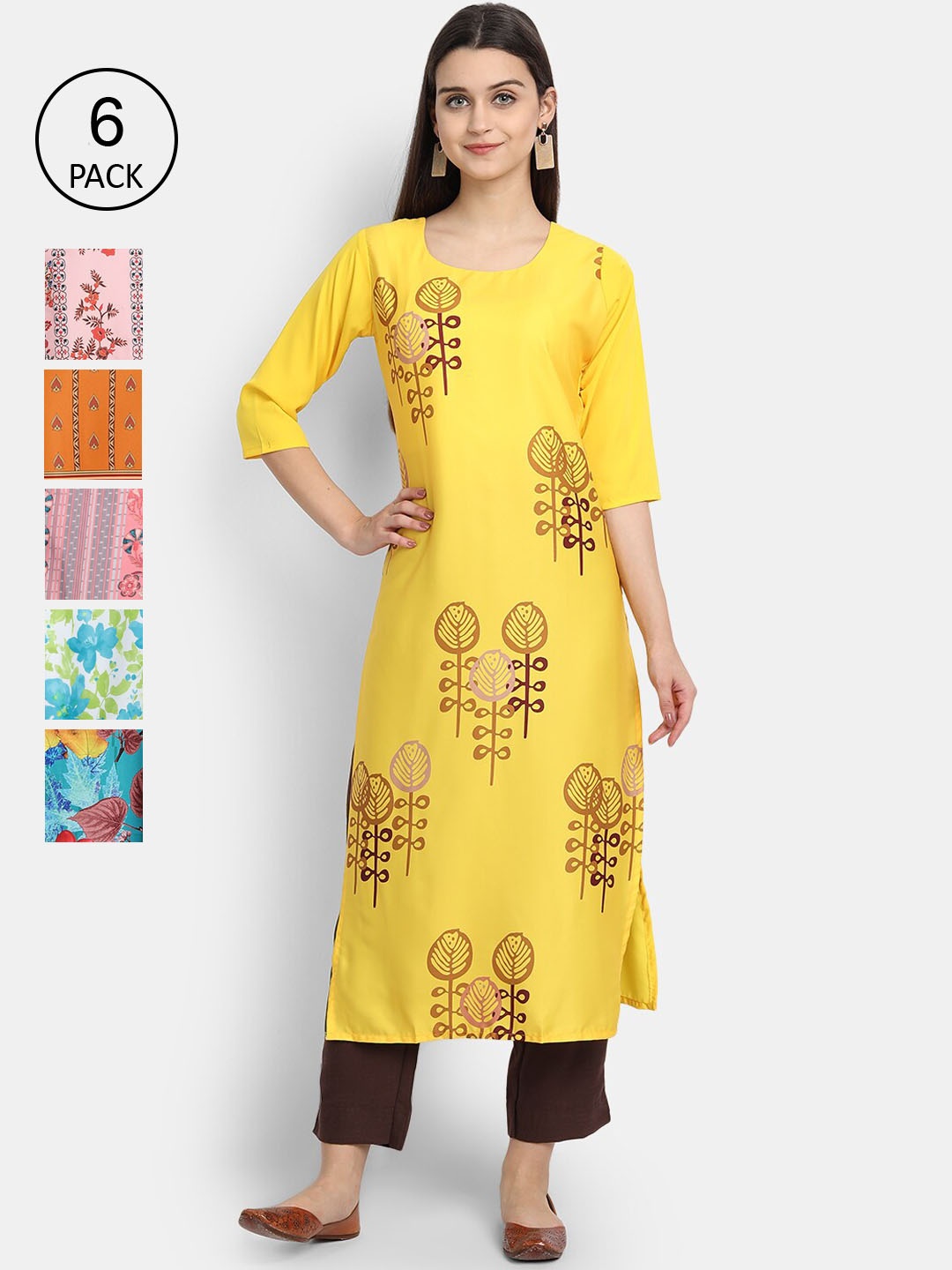 

7Threads Women Pack of 6 Crepe Kurta, Yellow