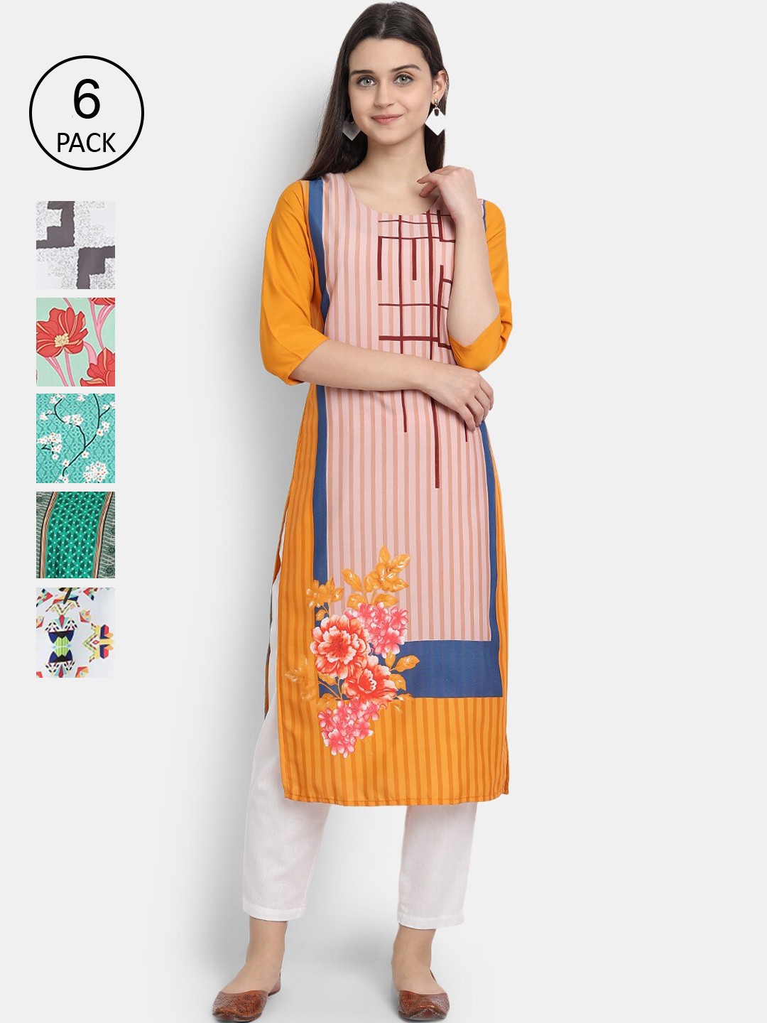 

7Threads Women Pack of 6 Crepe Kurta, Grey