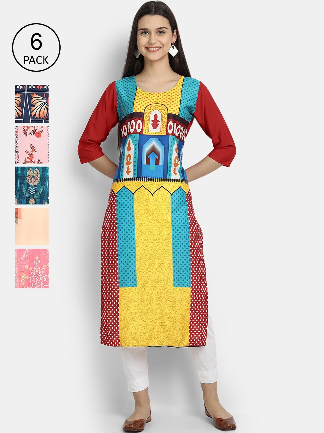 

7Threads Women Pack of 6 Ethnic Motifs Printed Crepe Kurta, Multi