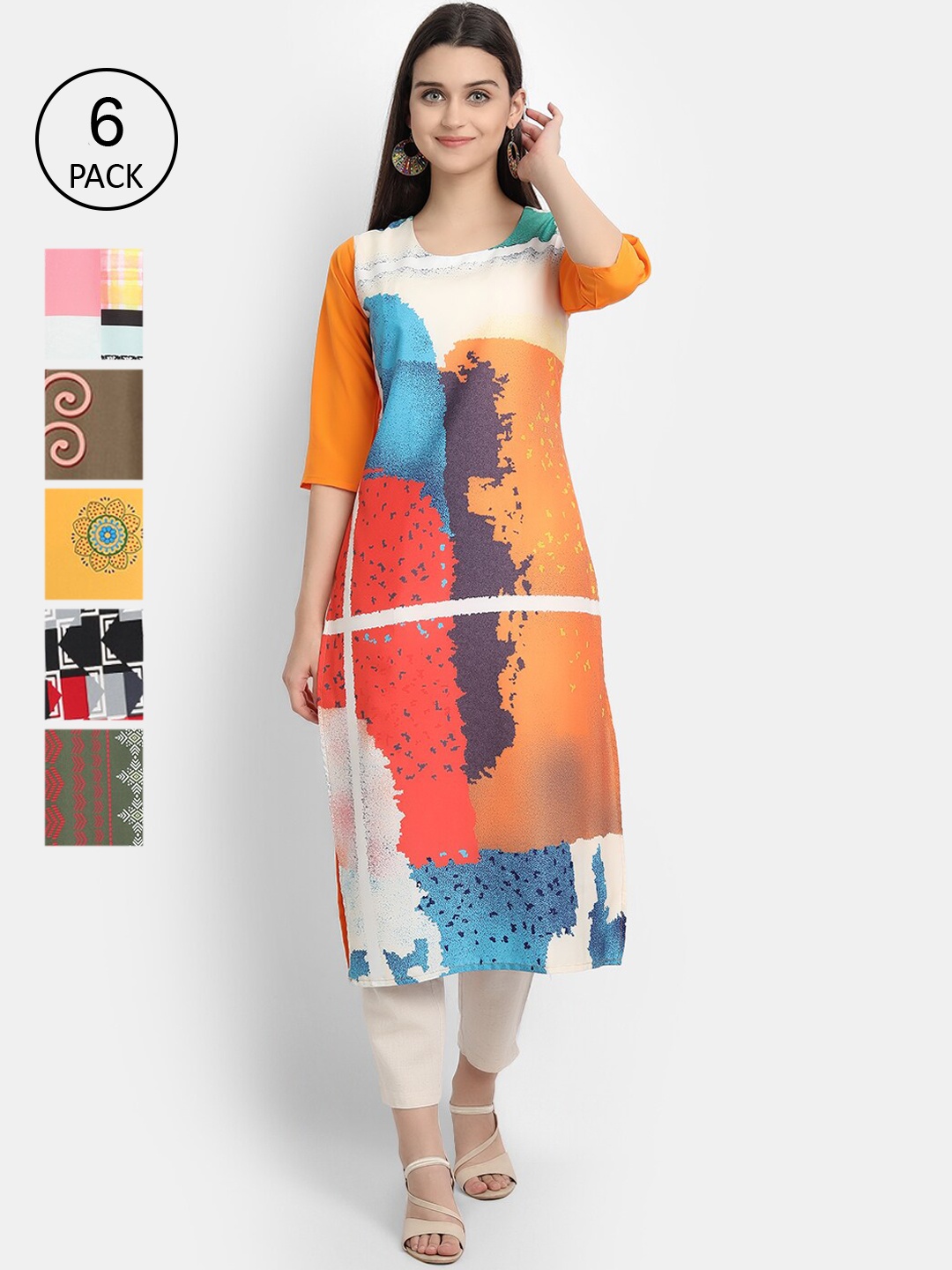 

7Threads Women Pack Of 6 Multicoloured Printed Thread Work Crepe Kurtas, Multi