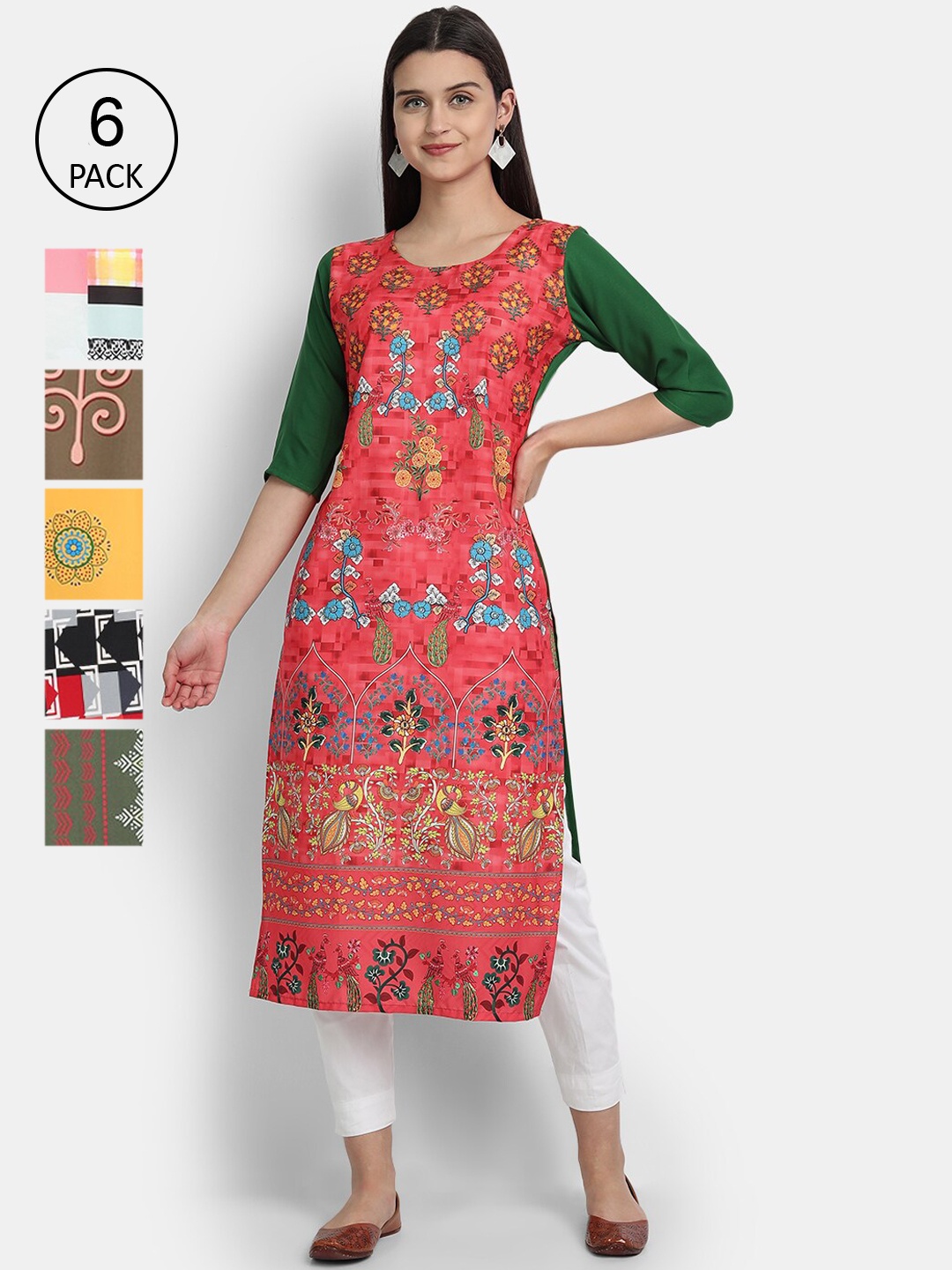 

7Threads Women Pack Of 6 Multicoloured Ethnic Motifs Printed Crepe Kurtas, Multi