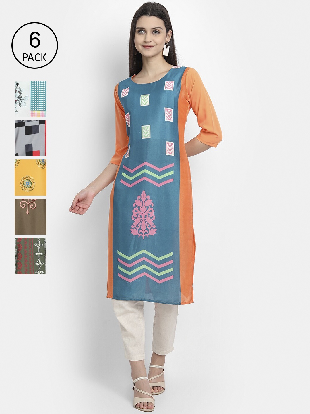 

7Threads Women Multicoloured Geometric Printed Thread Work Crepe Kurta, Multi