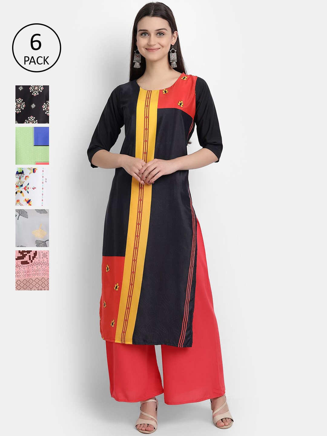 

7Threads Women Pack Of 6 Multicoloured Colourblocked Crepe Kurtas, Multi