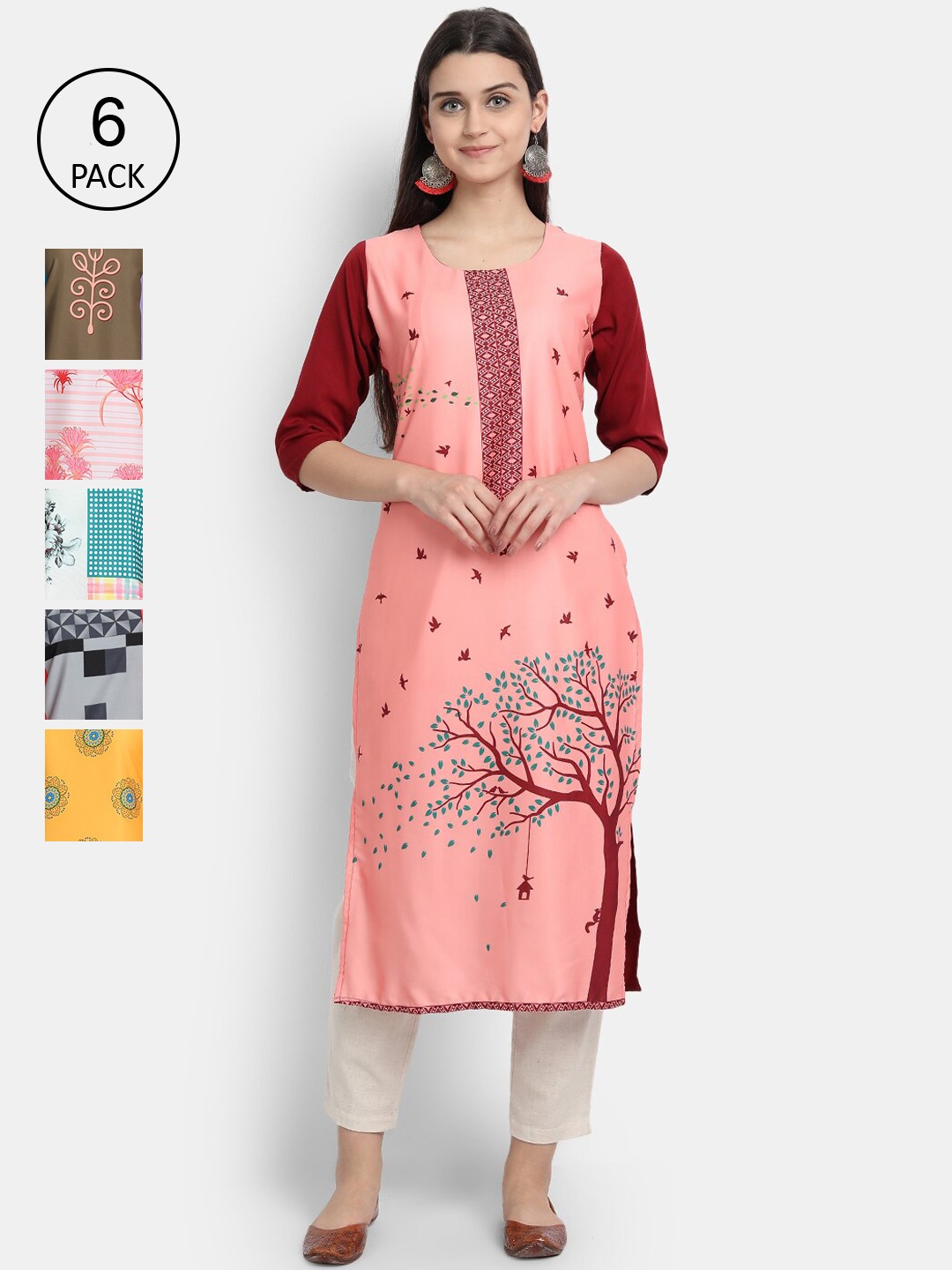

7Threads Women Pack Of 6 Printed Crepe Kurtas, Pink