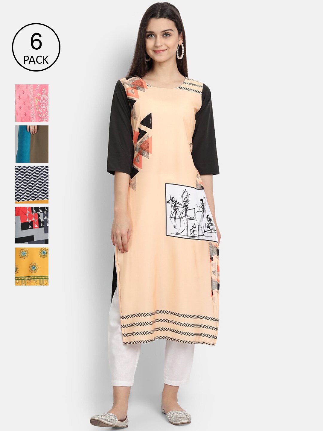 

7Threads Women Pack of 6 Ethnic Motifs Printed Crepe Kurta, Multi