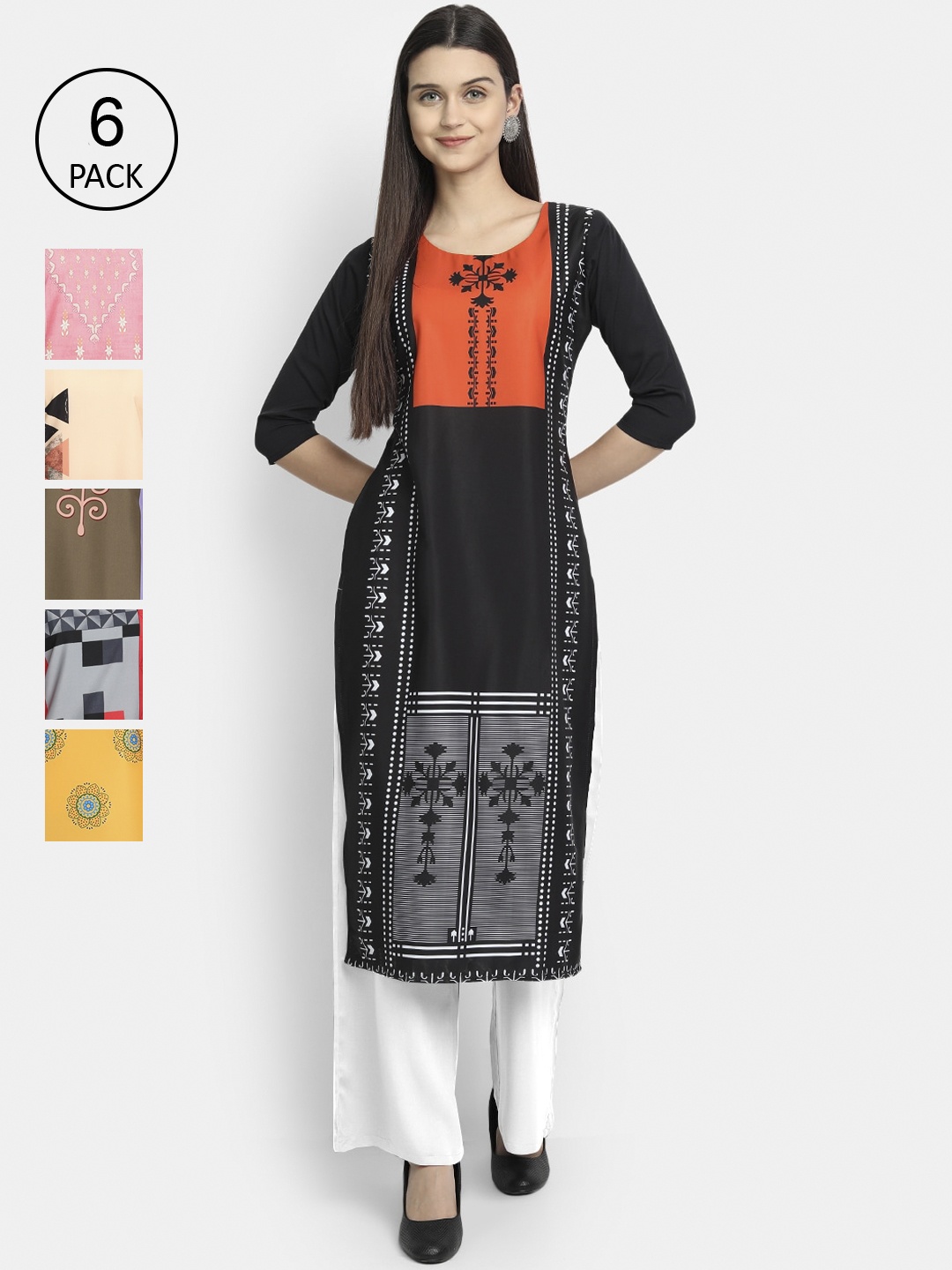 

7Threads Women Pack of 6 Geometric Printed Crepe Kurta, Multi