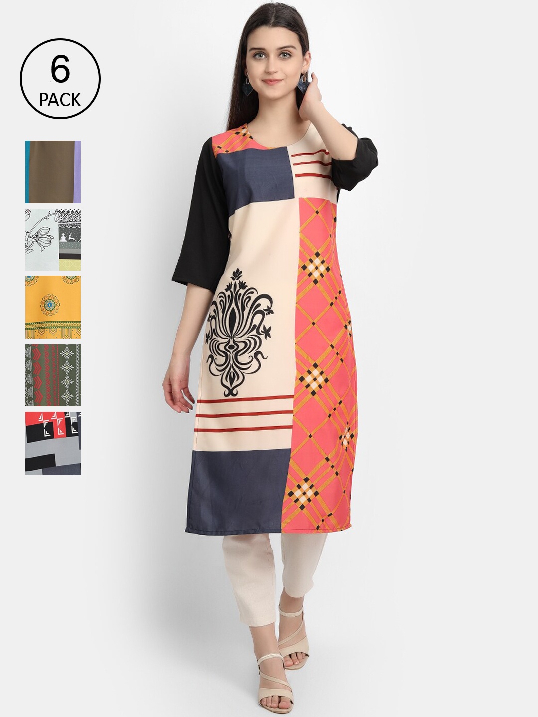 

7Threads Women Pack Of 6 Ethnic Motifs Printed Crepe Kurta, Multi