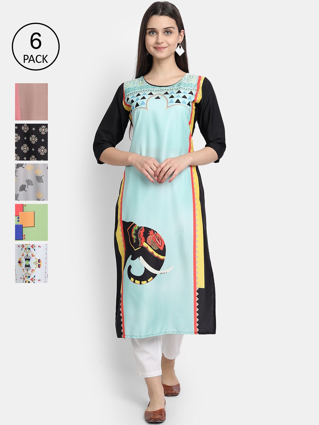 

7Threads Women Pack of 6 Crepe Kurta, Blue