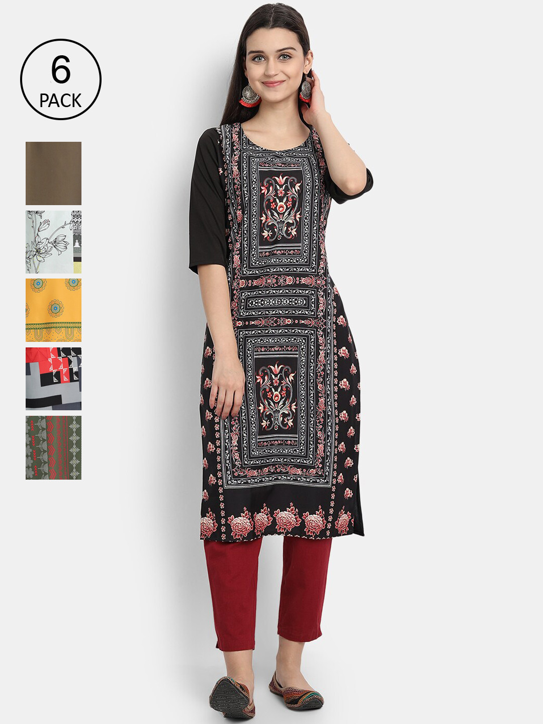

7Threads Women Pack of 6 Ethnic Motifs Printed Crepe Kurta, Multi