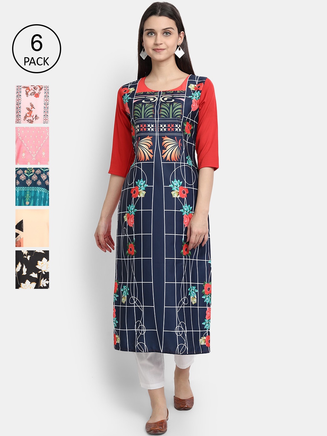 

7Threads Women Pack Of 6 Floral Printed Crepe Kurta, Multi
