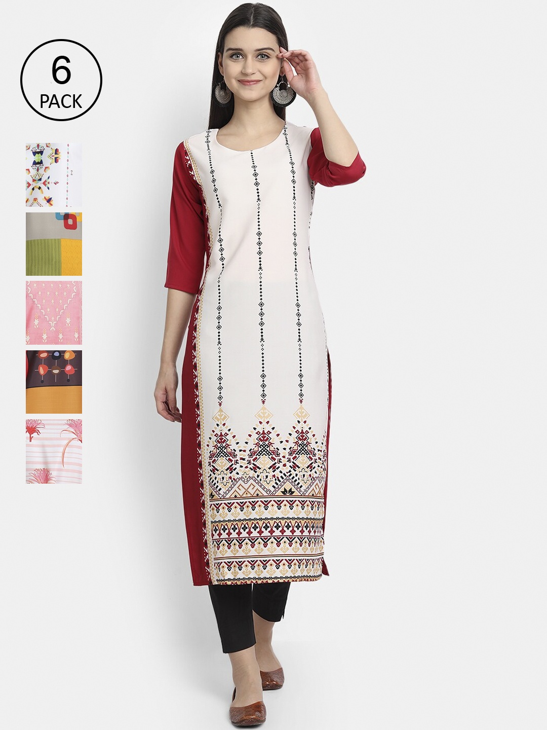 

7Threads Women Pack Of 6 Ethnic Motifs Printed Crepe Kurta, Multi