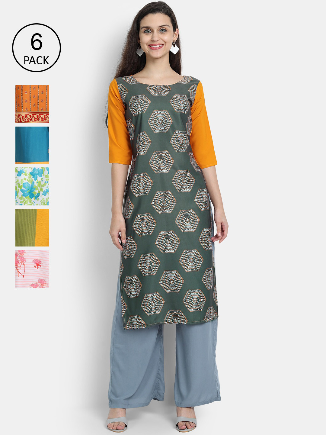 

7Threads Women Pack of 6 Crepe Kurta, Green