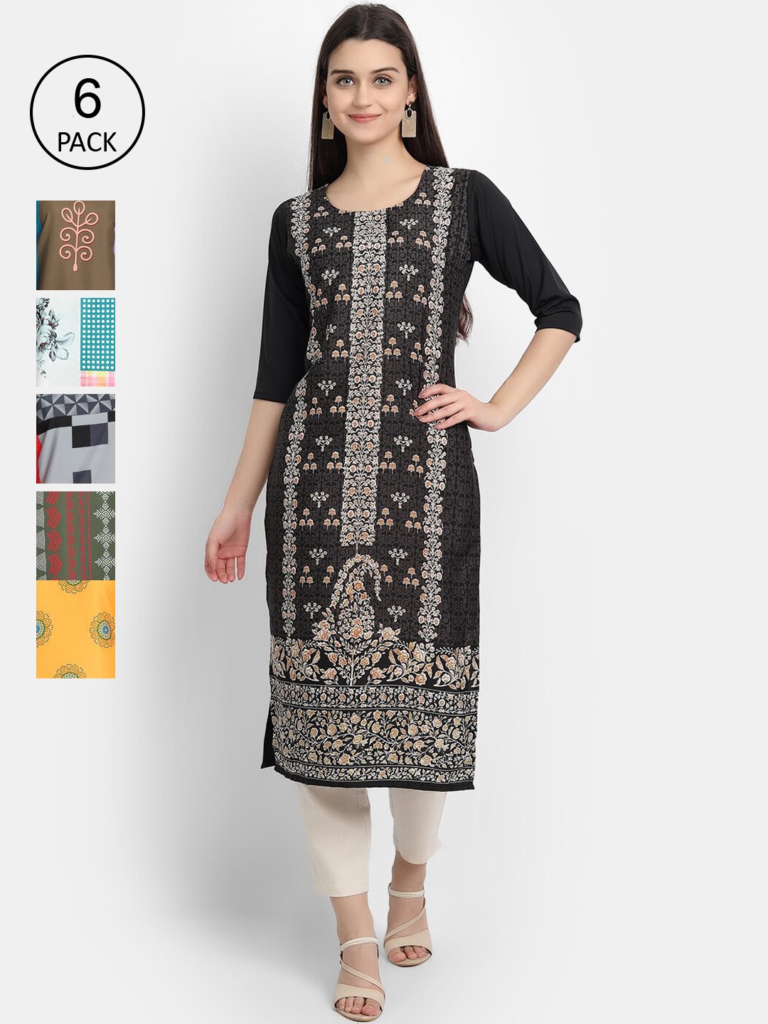 

7Threads Woman Pack of 6 Multicoloured Ethnic Motifs Printed Crepe Kurta, Multi