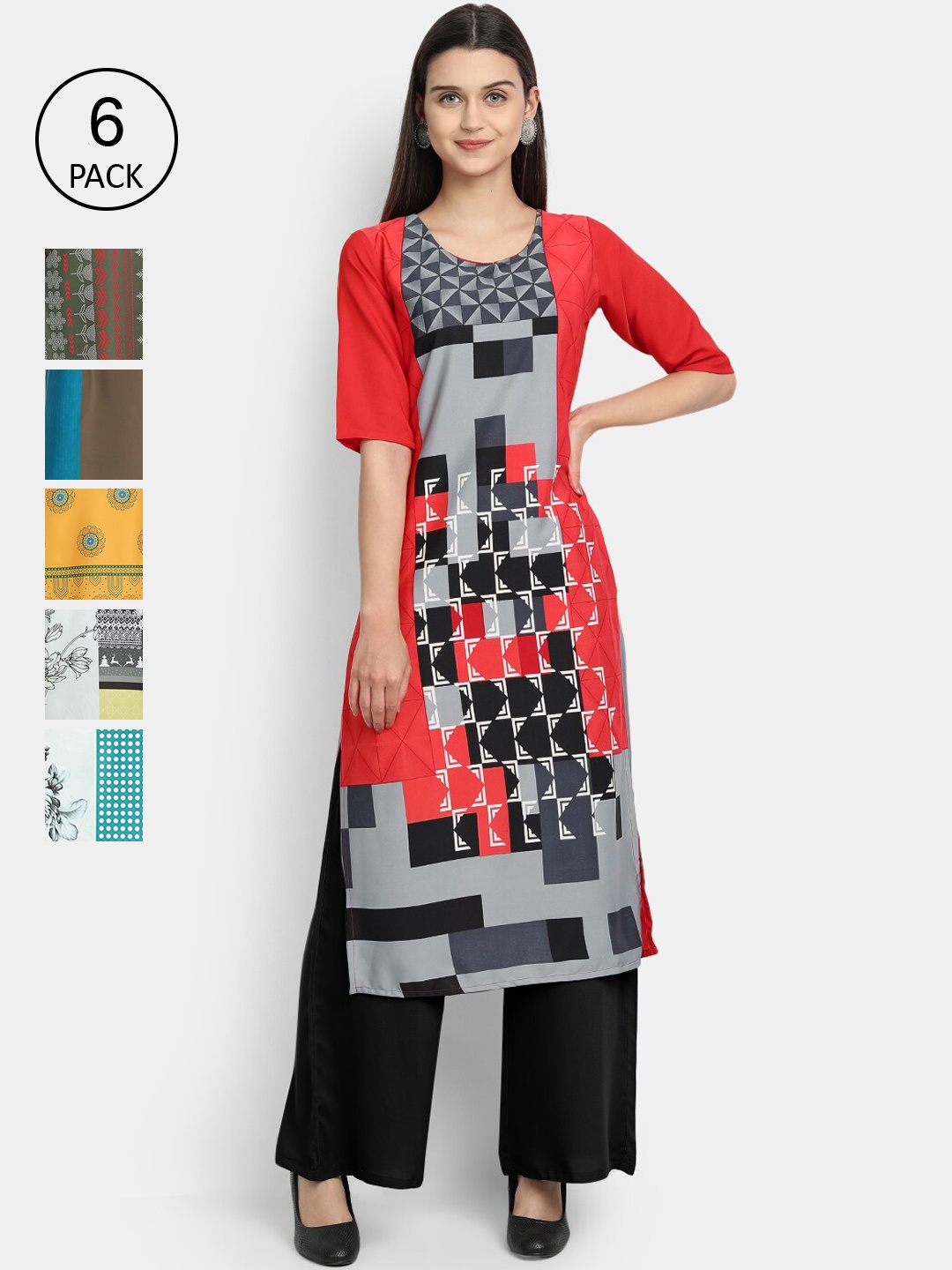 

7Threads Women Pack of 6 Crepe Kurta, Black