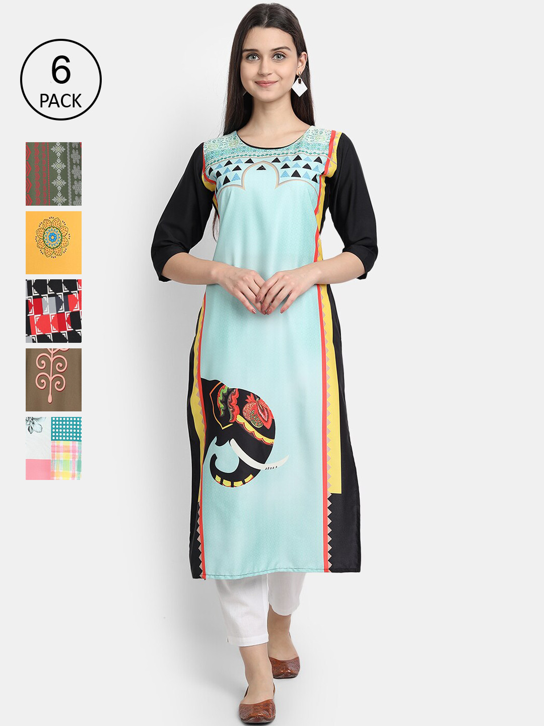 

7Threads Women Pack of 6 Digital Printed Straight Crepe Kurtas, Multi