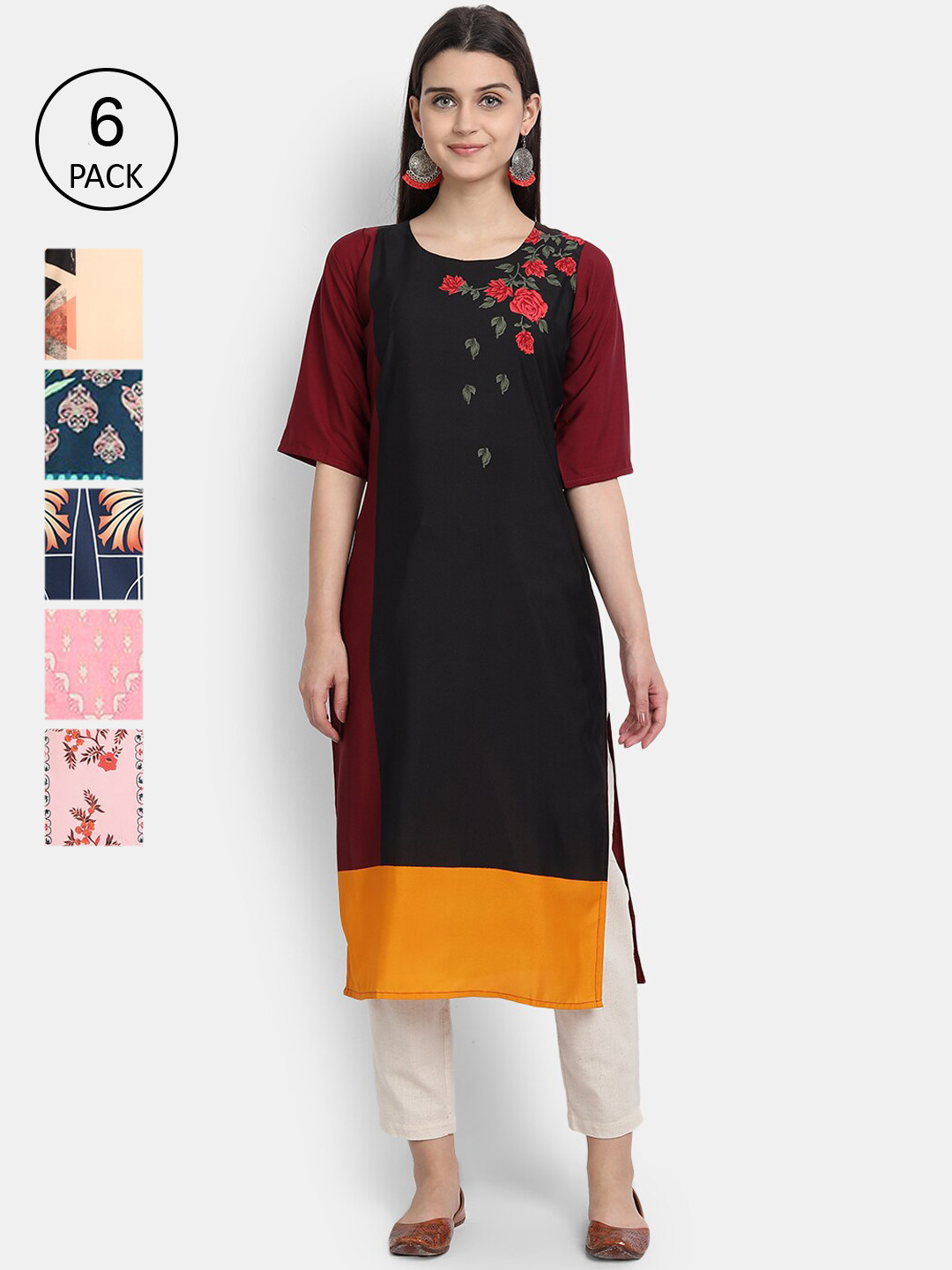 

7Threads Women Pack of 6 Ethnic Motifs Printed Crepe Kurta, Multi