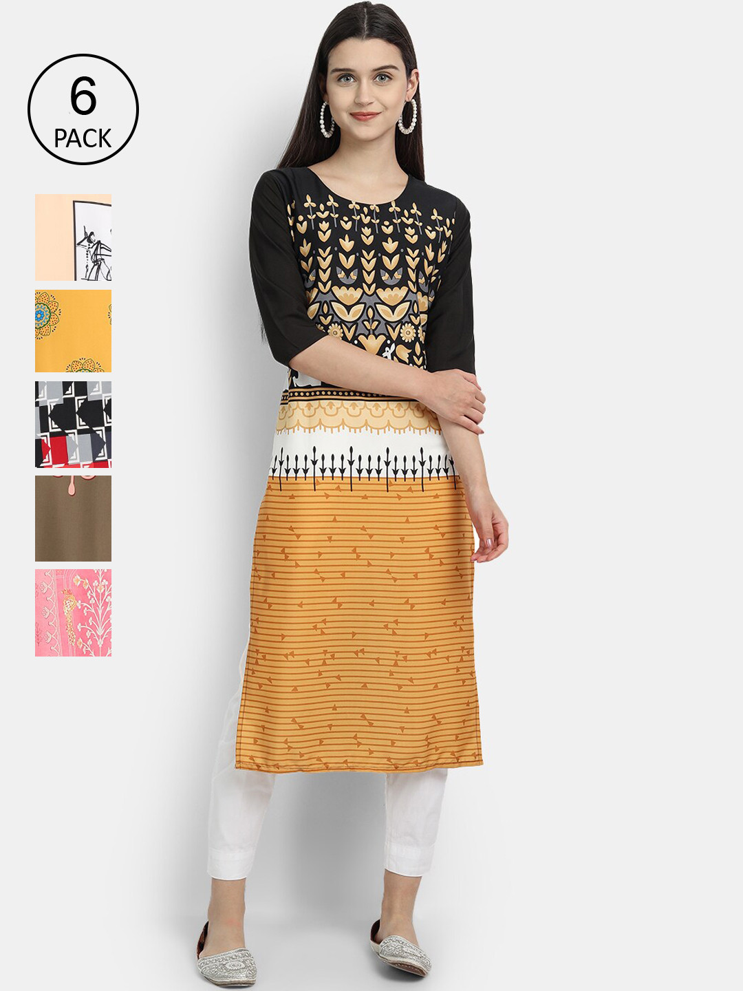 

7Threads Women Pack Of 6 Ethnic Motifs Printed Crepe Kurta, Multi