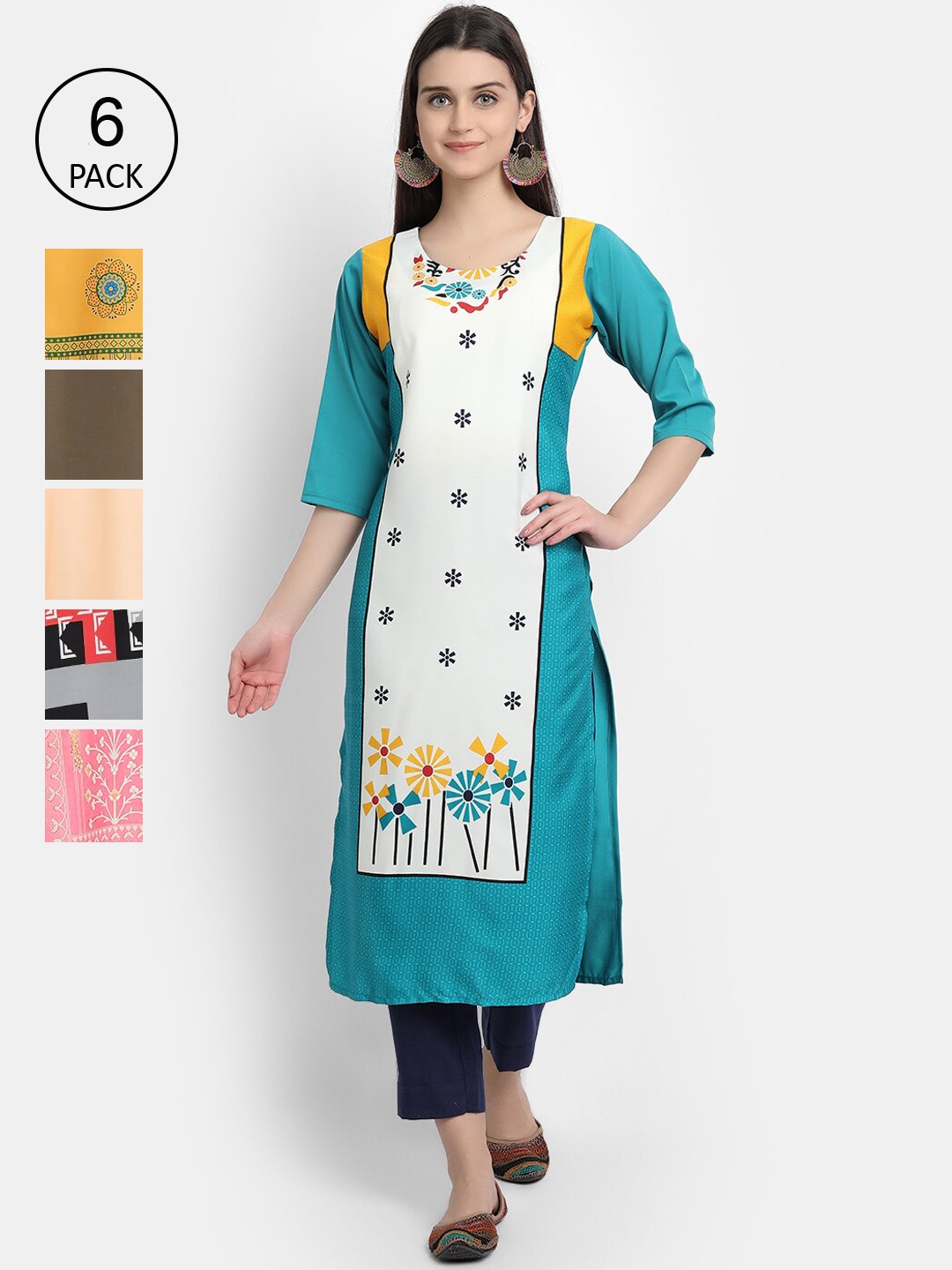 

7Threads Women Pack Of 6 Floral Printed Crepe Kurta, Multi