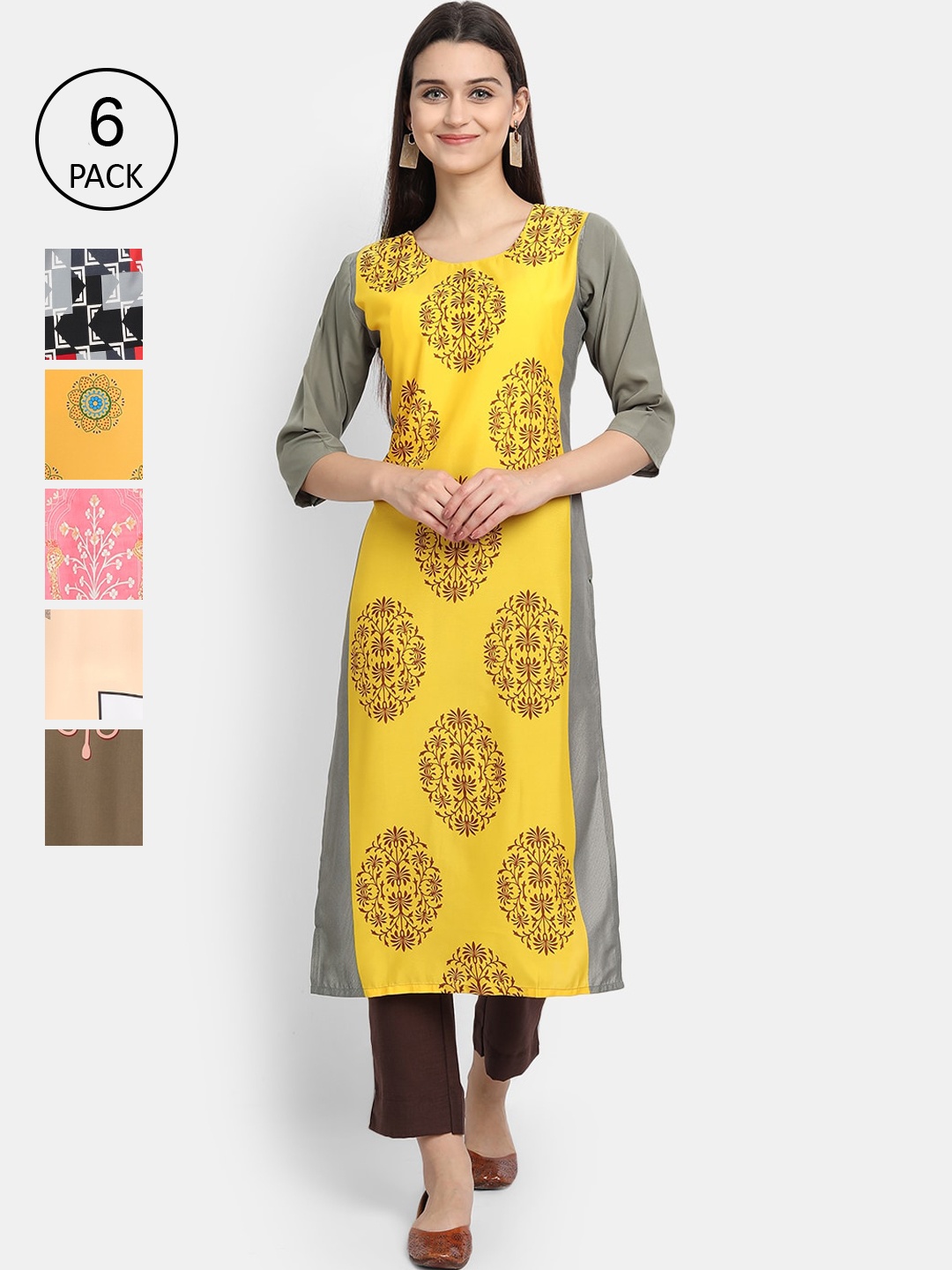 

7Threads Women Pack of 6 Ethnic Motifs Printed Crepe Kurta, Multi