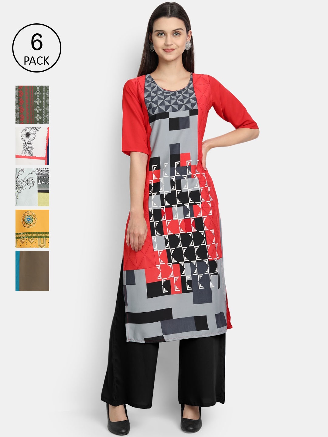 

7Threads Women Pack Of 6 Multicoloured Floral Printed Crepe Kurtas, Multi
