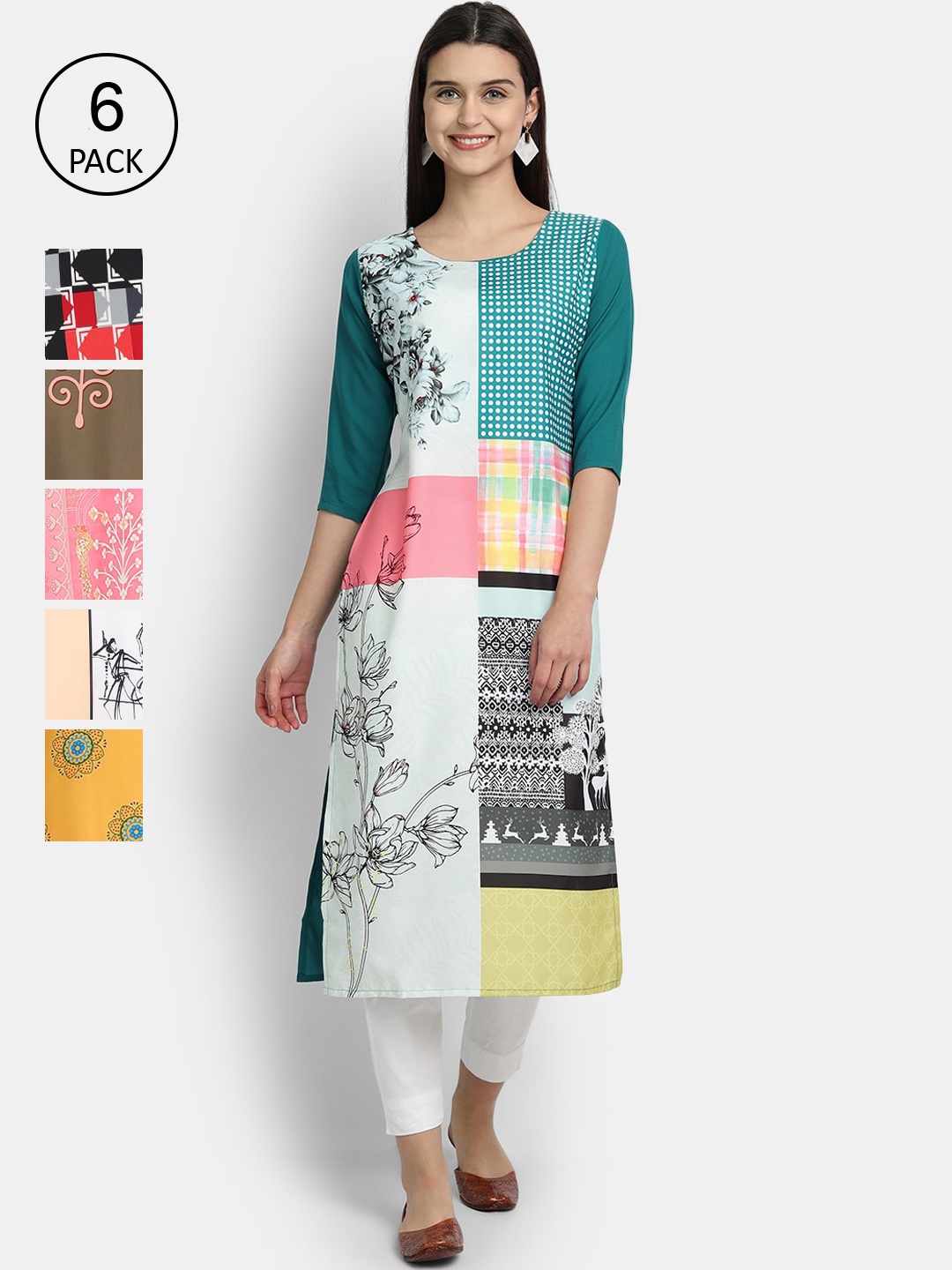 

7Threads Women Pack of 6 Ethnic Motifs Printed Crepe Kurta, Multi