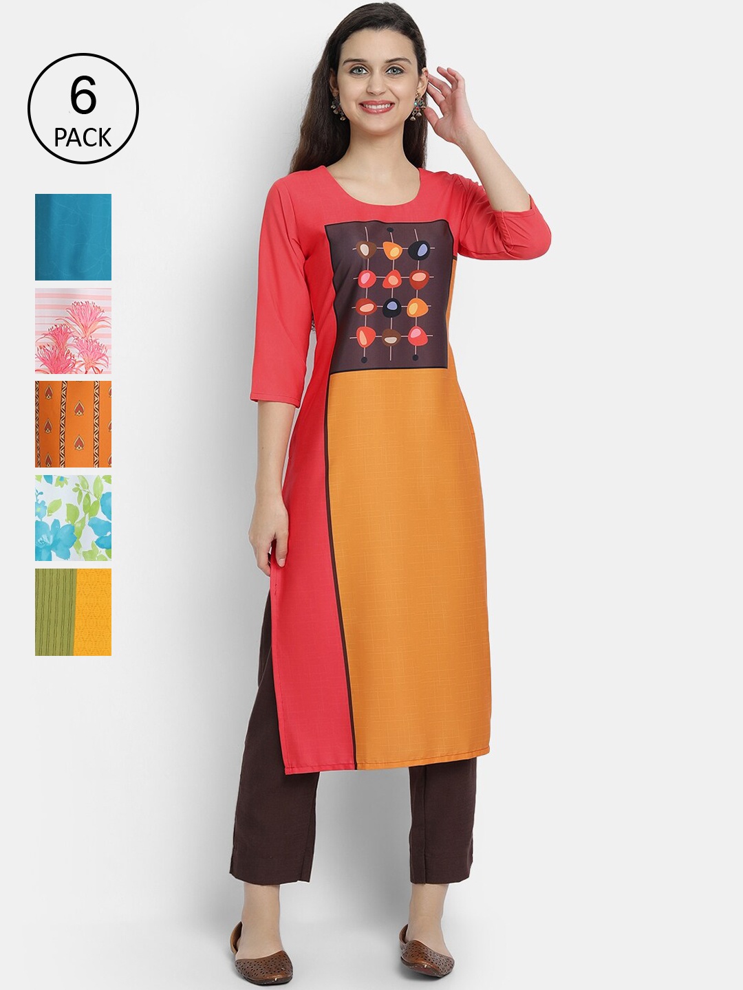 

7Threads Women Pack of 6 Multicoloured Printed Crepe Kurta, Multi