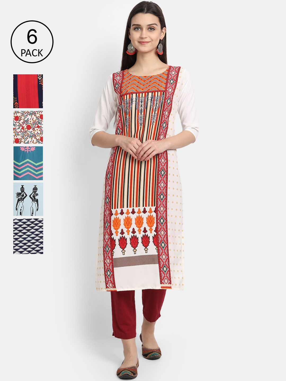 

7Threads Women Multicoloured & star white Geometric Printed Thread Work Crepe Kurta, Multi