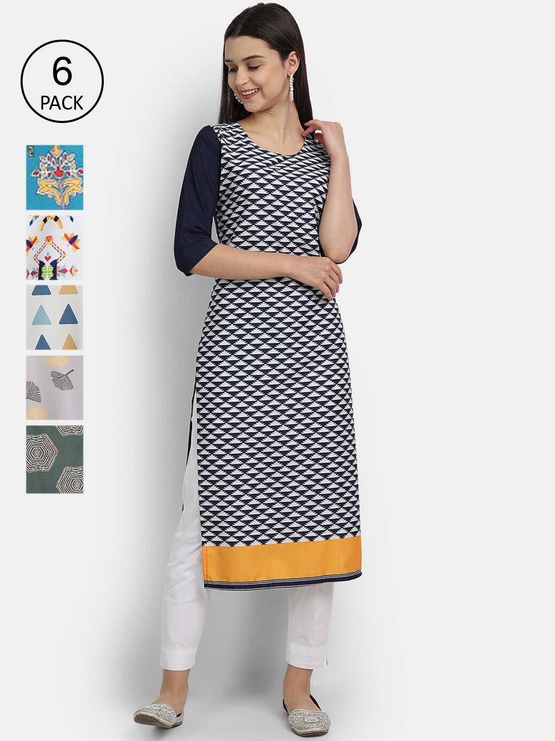 

7Threads Women Pack of 6 Printed Crepe Kurtas, Grey