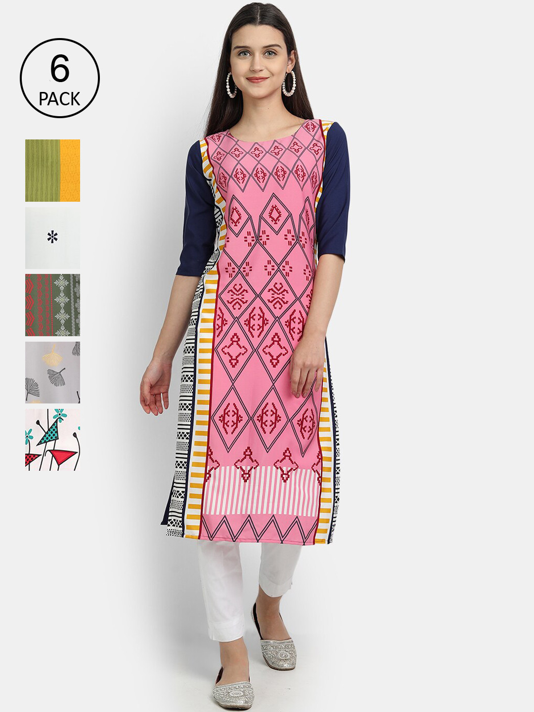 

7Threads Women Multicoloured & flamingo pink Geometric Printed Crepe Kurta, Multi