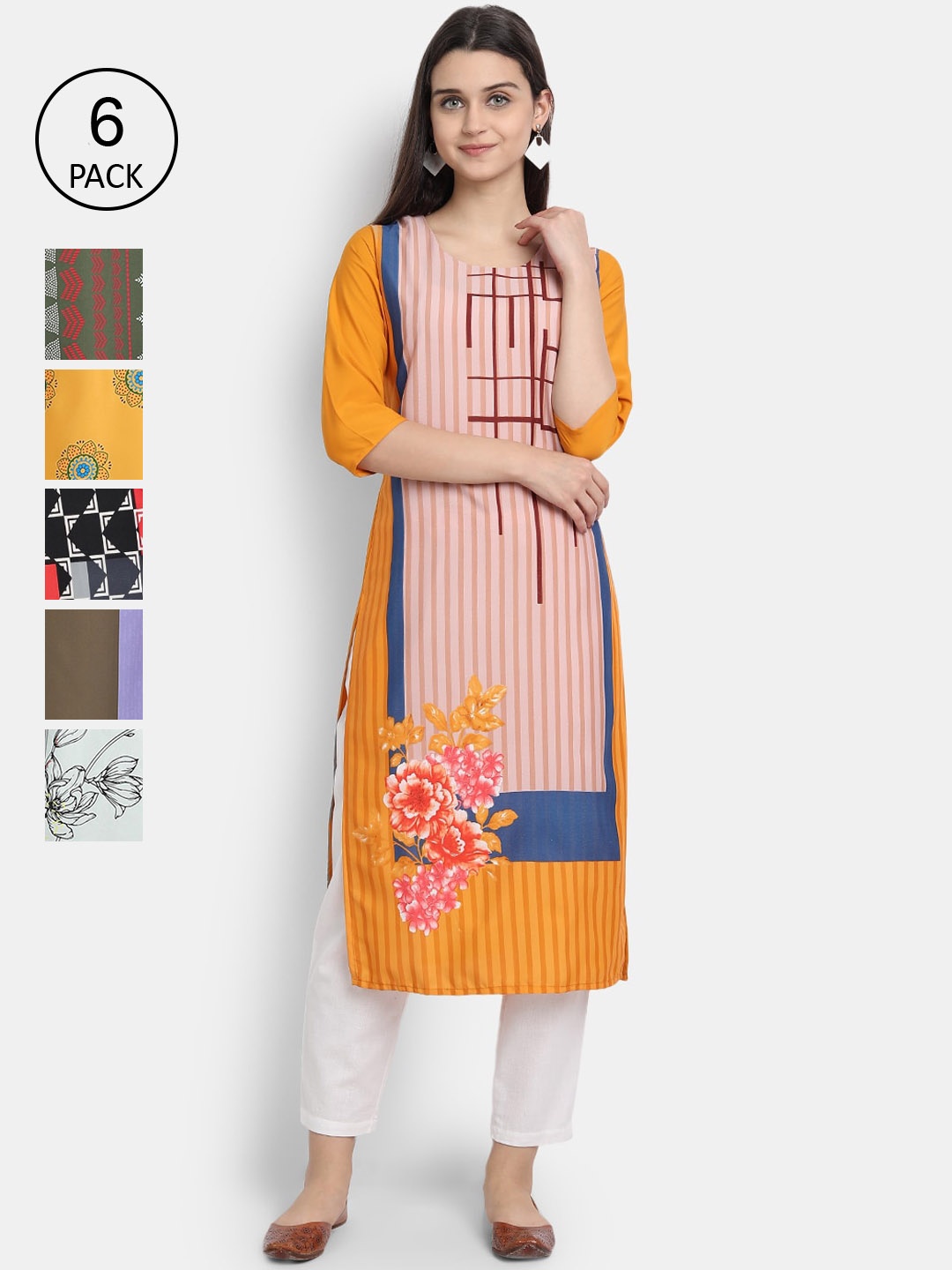 

7Threads Women Pack of 6 Geometric Printed Crepe Kurta, Multi