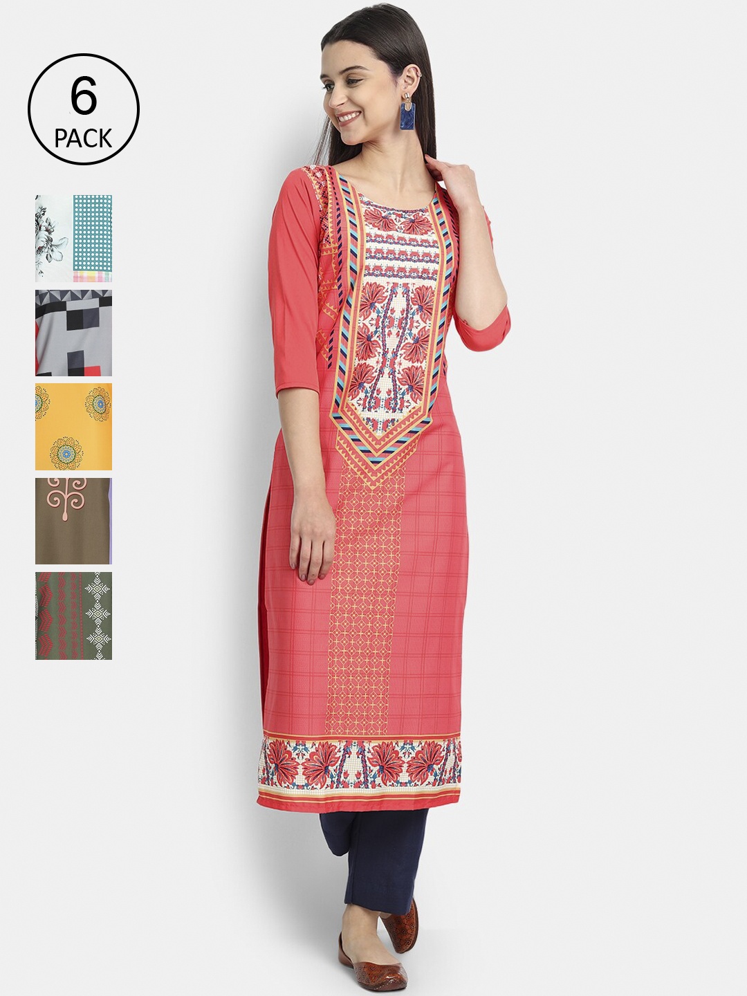 

7Threads Women Pink & Blue Set Of 6 Ethnic Motifs Printed Crepe Kurta