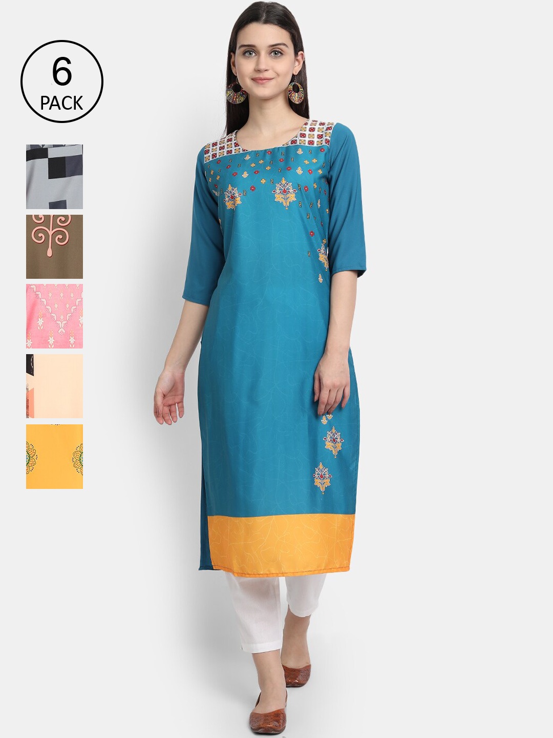 

7Threads Women Pack of 6 Digital Printed Straight Crepe Kurtas, Multi