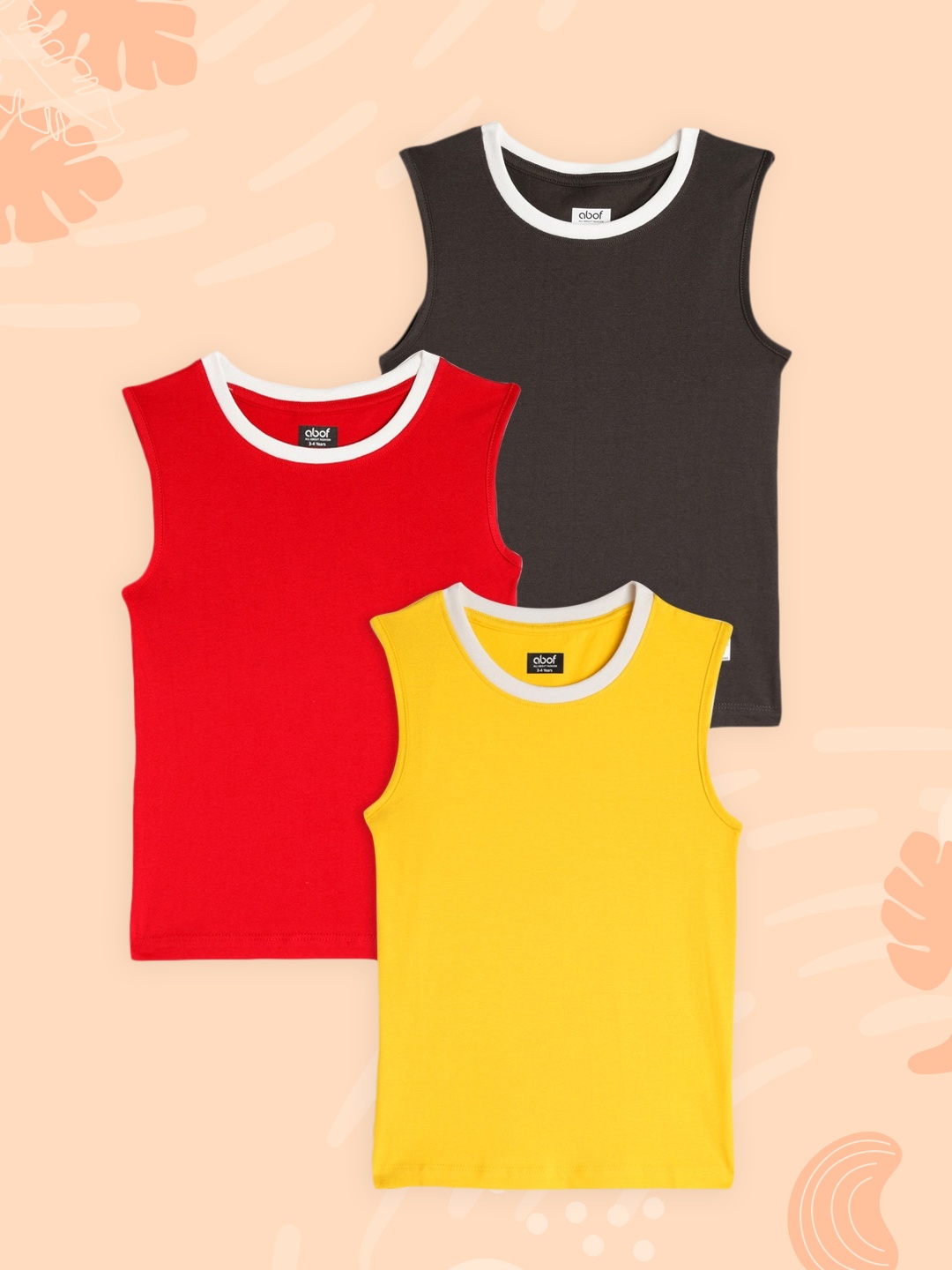 

abof Boys Pack of 3 Pure Cotton Sleeveless T-shirts, Yellow