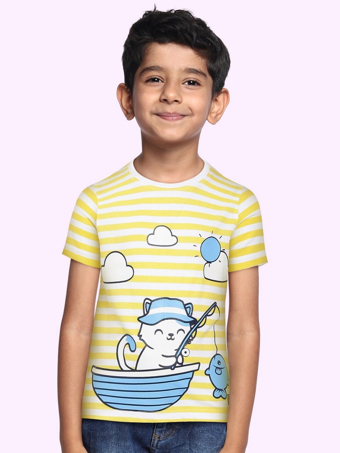 

abof Boys Yellow & White Graphic Interactive Pure Cotton Regular Fit T-shirt
