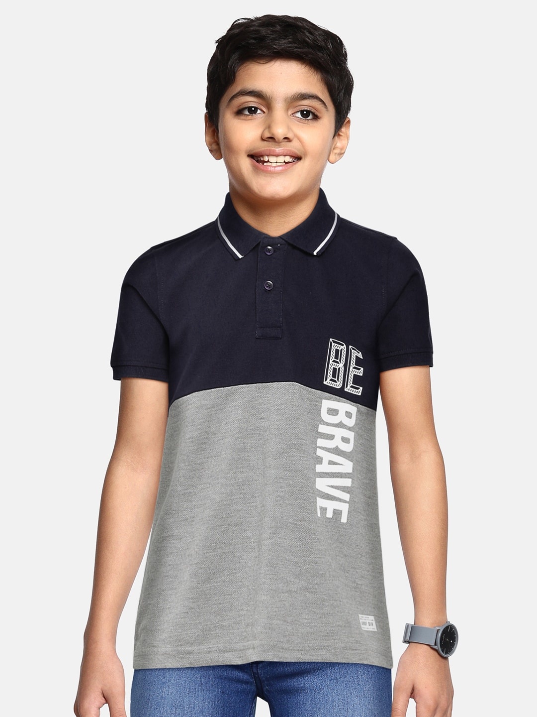 

abof Boys Navy Blue & Grey Colourblocked Polo Collar T-shirt