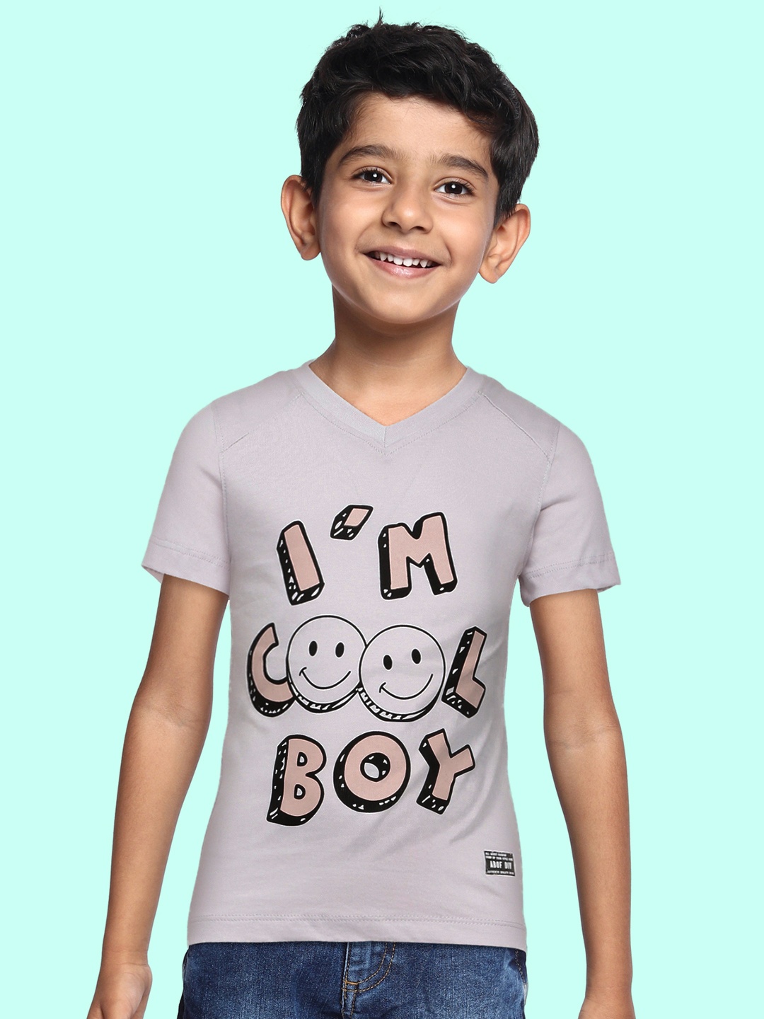 

abof Boys Lavender Typography Printed V-Neck Pure Cotton T-shirt