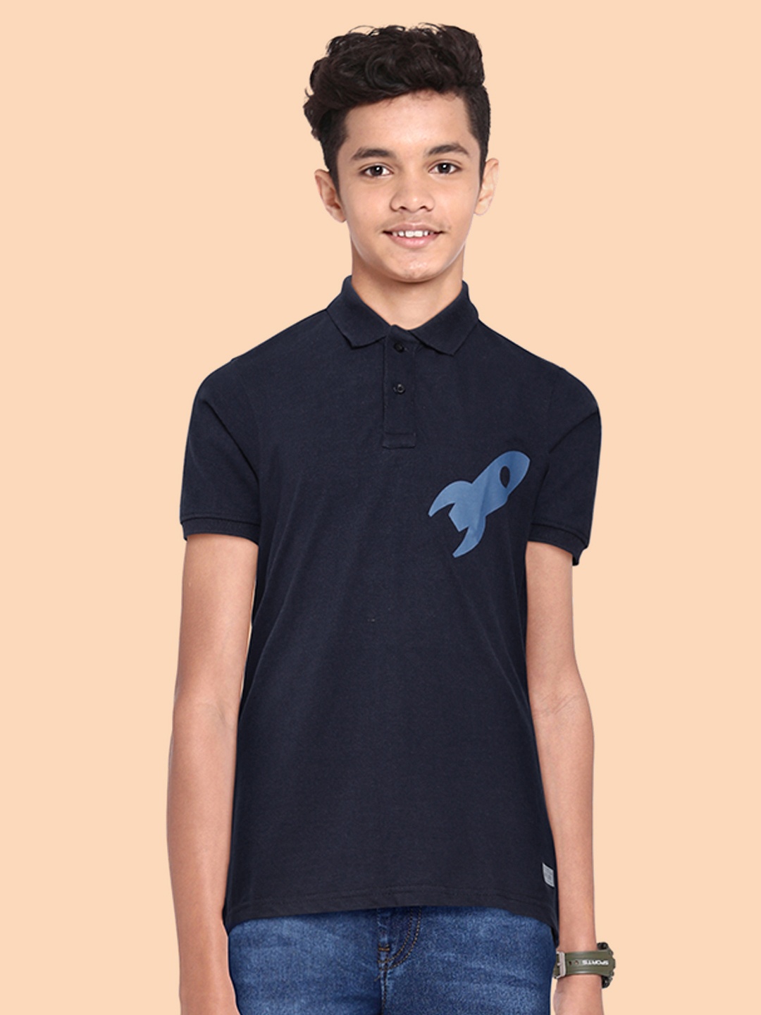 

abof Boys Navy Blue Conversational Placement Print Polo Collar Indigo Regular Fit T-shirt