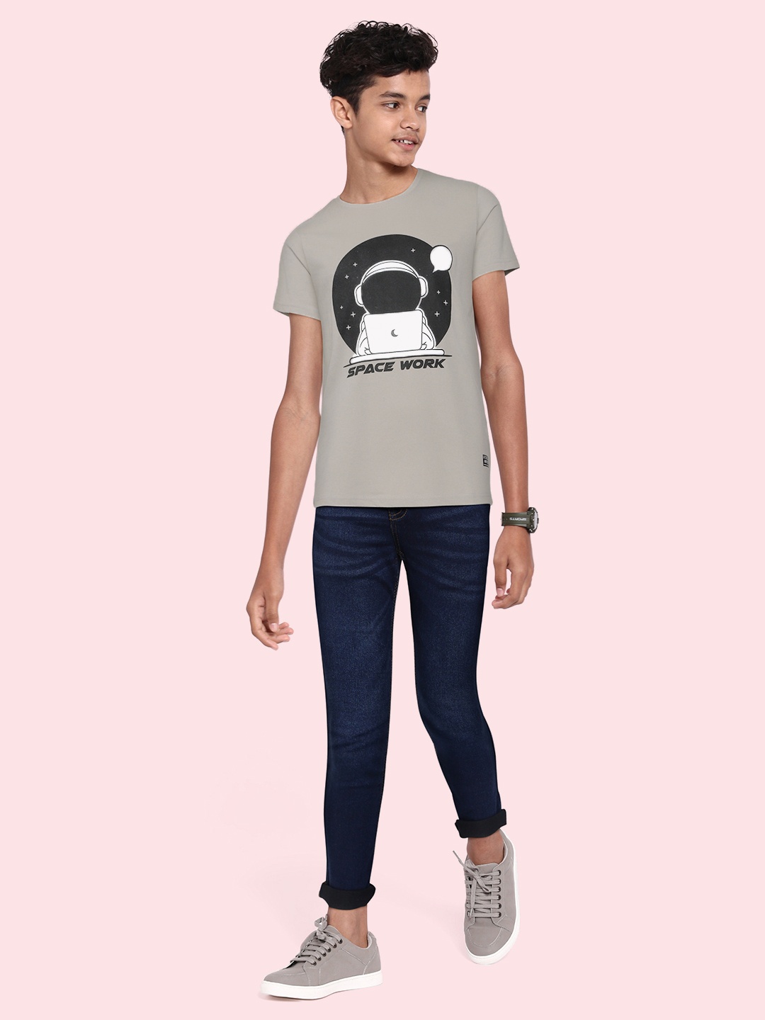 

abof Boys Grey Melange Pure Cotton Printed T-shirt